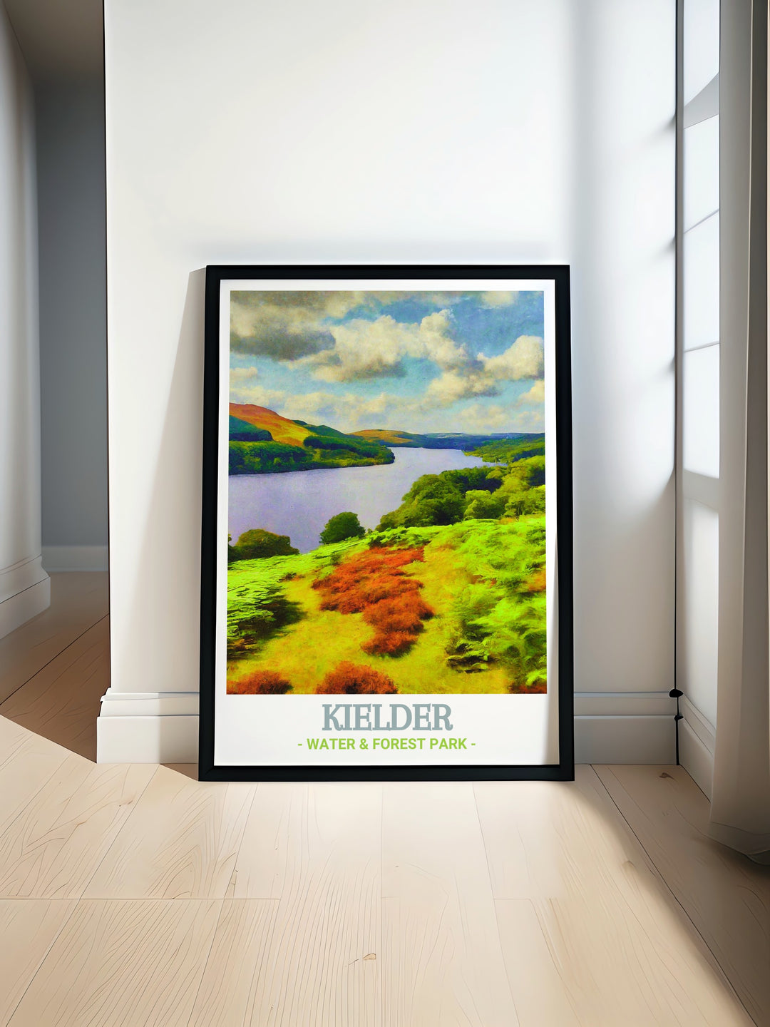 Kielder Water travel poster, showcasing the serene landscapes and majestic views of Kielder Water & Forest Park. This print captures the essence of Kielder Waters natural beauty, perfect for enhancing your home decor with a touch of natures splendor.