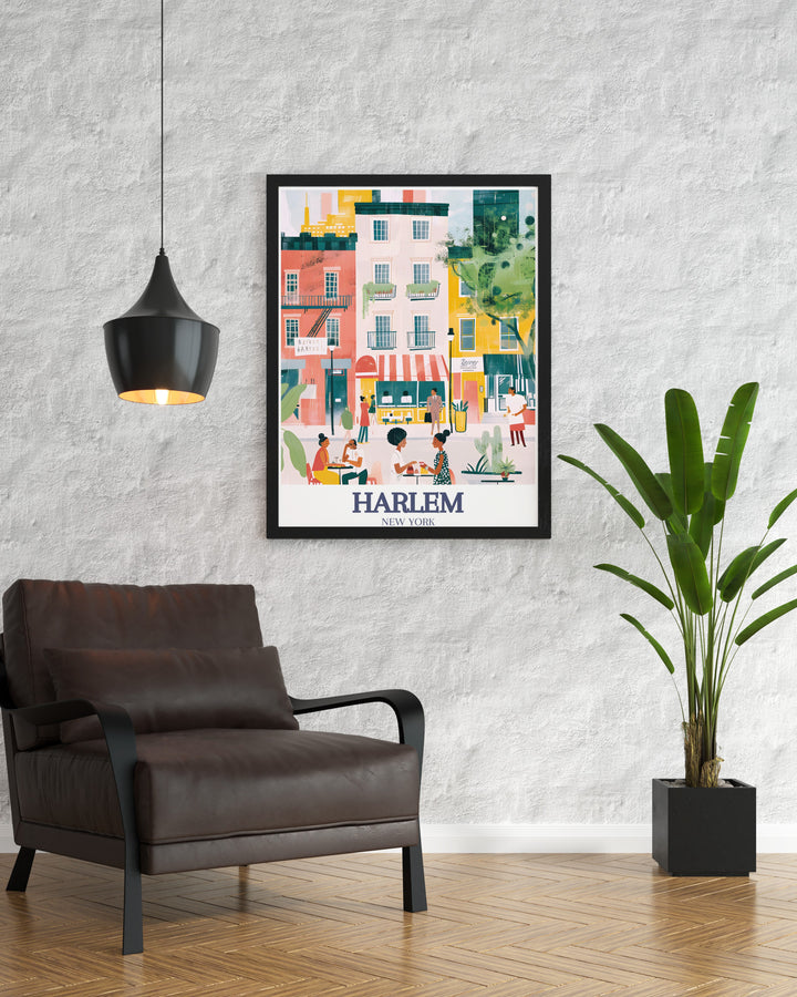 This Harlem wall print highlights the neighborhoods iconic streets, including 125th Street. Perfect for adding a touch of urban elegance to your home, this artwork is a must have for anyone who loves New York City.