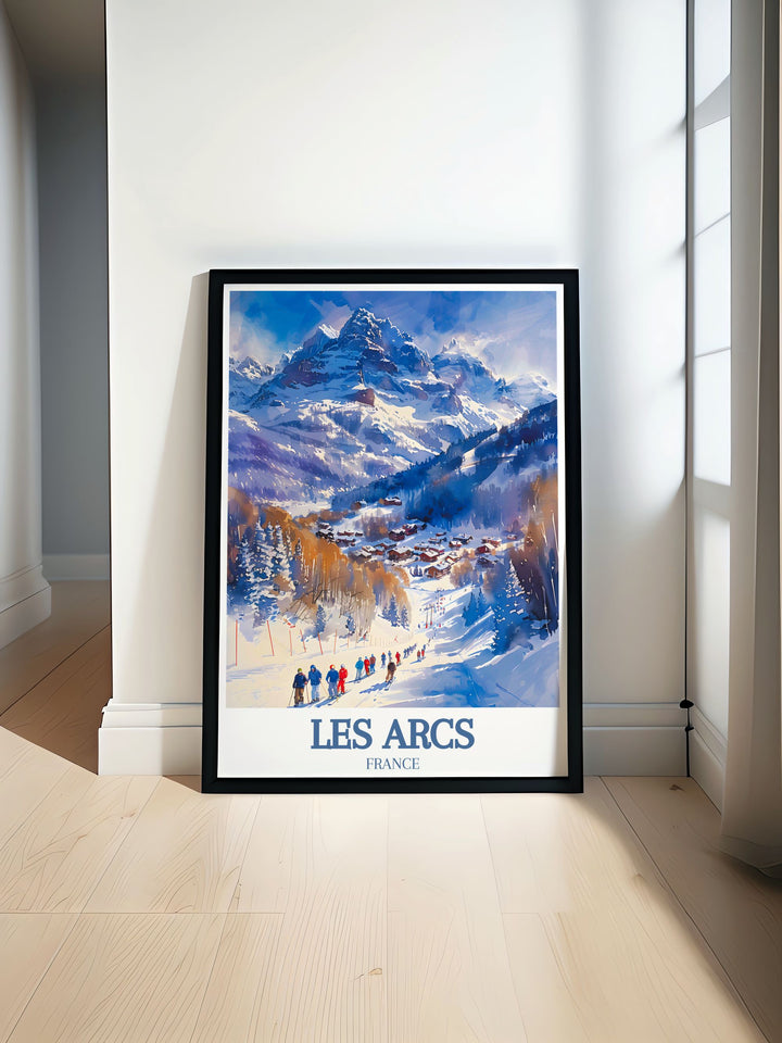 Snowboarding Poster featuring Les Arcs in Paradiski ski area Mont Blanc with vibrant colors and dynamic composition capturing the thrill of winter sports perfect for snowboard decor and vintage ski enthusiasts