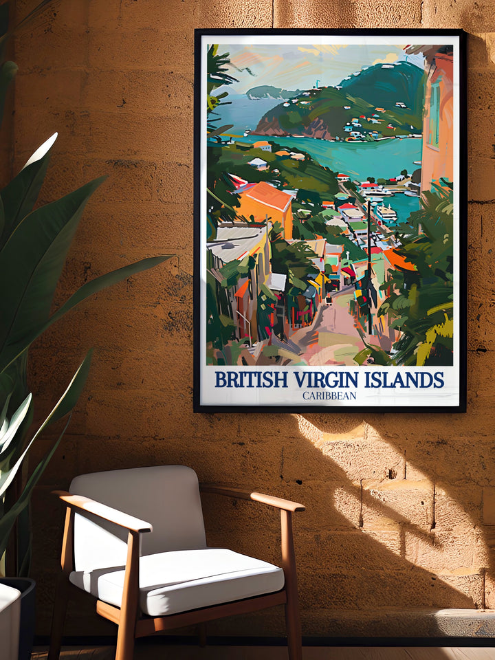 A canvas art piece of Tortola in the British Virgin Islands, showcasing its rugged mountains and serene beaches. This travel poster brings the beauty of the Caribbean into your home with detailed artwork and vibrant colors.