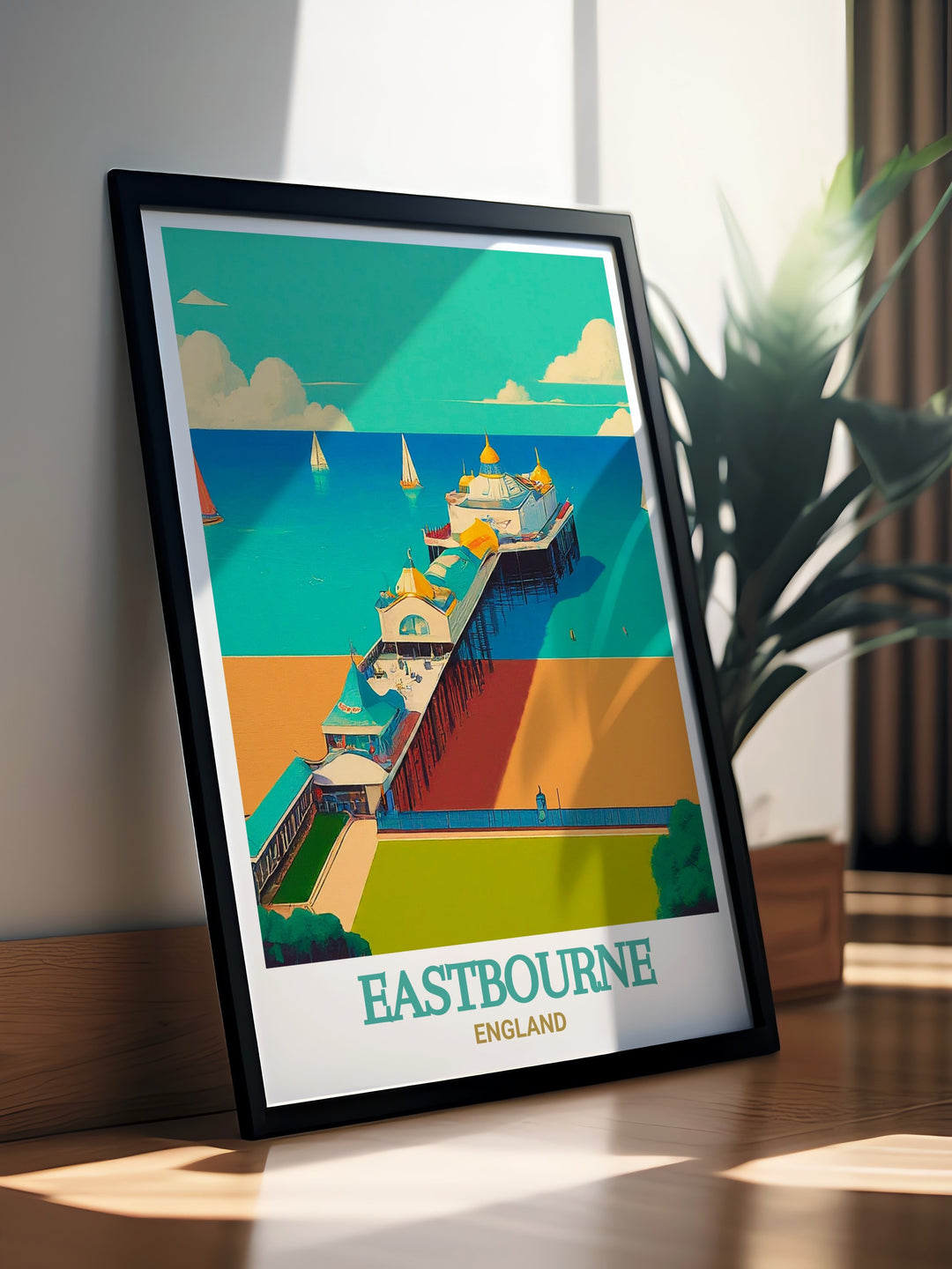 England travel poster showcasing the elegance of Eastbourne Pier, a landmark that has become synonymous with the charm of Englands coastal towns. This print is perfect for adding a classic touch of English heritage to your home