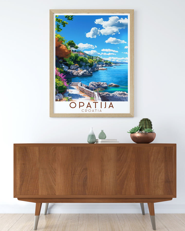 The Lungomare Promenade wall art is a beautiful tribute to Opatijas coastal elegance an ideal choice for enhancing your home decor with a piece that reflects both natural beauty and cultural heritage