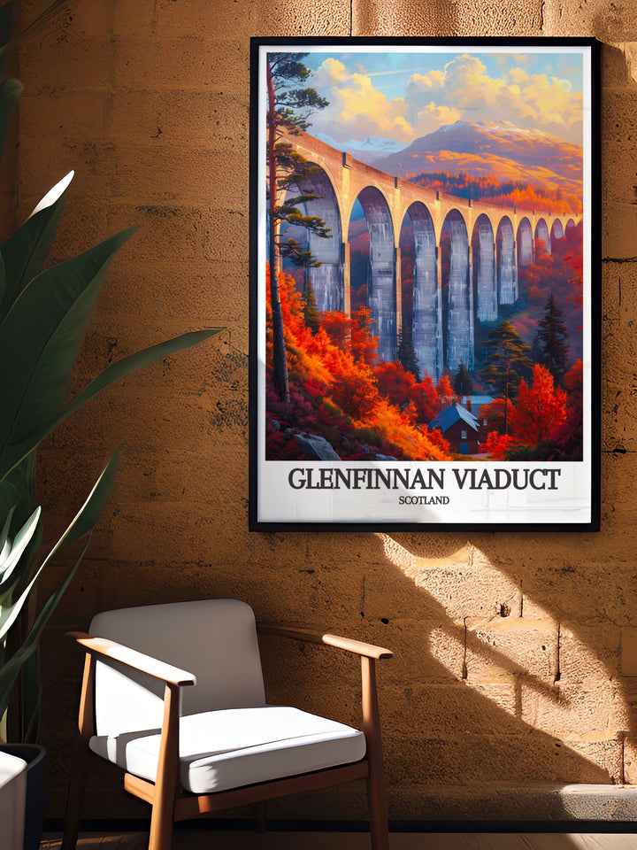 Framed art print of the Glenfinnan Viaduct, emphasizing the timeless beauty of its Victorian engineering amidst the scenic Scottish Highlands, an ideal piece for lovers of historical landmarks.