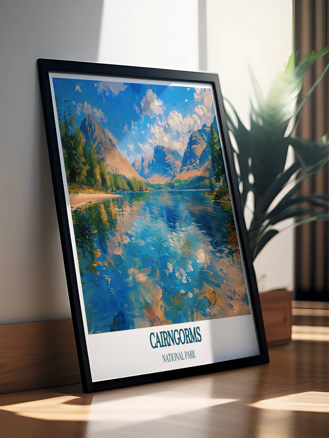 Retro Travel Poster of Loch Morlich and the Cairngorms. This Scotland wall art is perfect for home decor and makes a unique gift for those who appreciate the picturesque landscapes of the Highlands