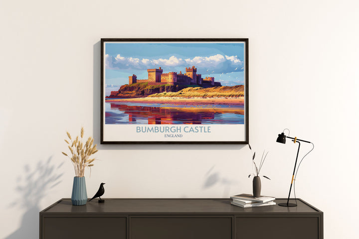 Bamburgh Castle wall decor captures the imposing silhouette against a stormy sky, reflecting the castles storied past and resilience.