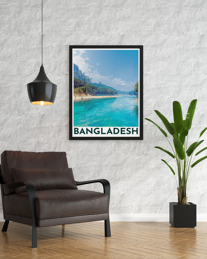 This art print captures the stunning blue green waters of Lalakhal in Bangladesh, showcasing the vibrant colors created by minerals in the surrounding hills. Perfect for adding a touch of natural beauty to your home decor.