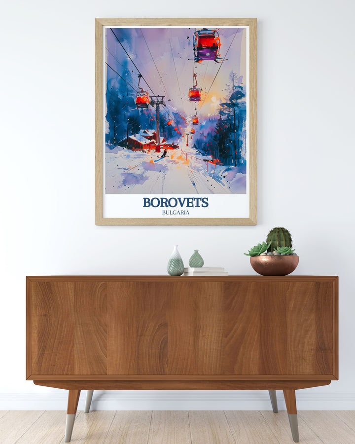 Beautiful Borovets travel poster capturing the dynamic atmosphere of the alpine resort and the thrill of the Yastrebets slope, perfect for enhancing your home or office with Bulgarias iconic landmarks.
