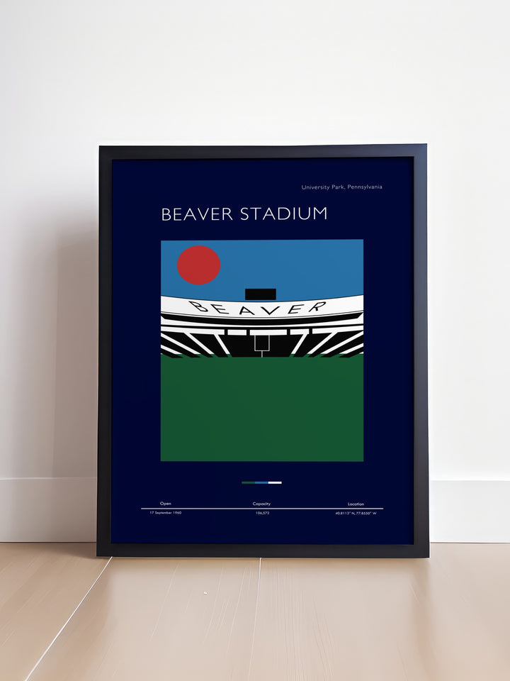 Celebrate your love for Penn State Football with this Beaver Stadium travel poster showcasing the iconic stadium a must have for any Nittany Lions fan and ideal for Fathers Day gifts or college dorm print decor