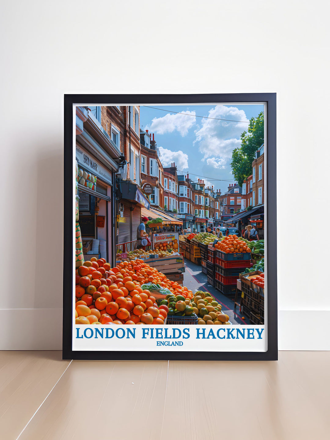 Bring the vibrant culture of Broadway Market into your home with this travel poster, capturing its bustling stalls and lively atmosphere, ideal for any local culture enthusiast.