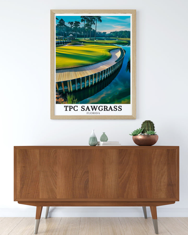 THE PLAYERS Stadium Course at TPC Sawgrass is a golfers dream, known for its iconic 17th hole and strategic layout. This artwork captures the courses beauty and difficulty, making it a standout piece for any golf fan. Display this print to celebrate the tradition and excitement of professional golf.