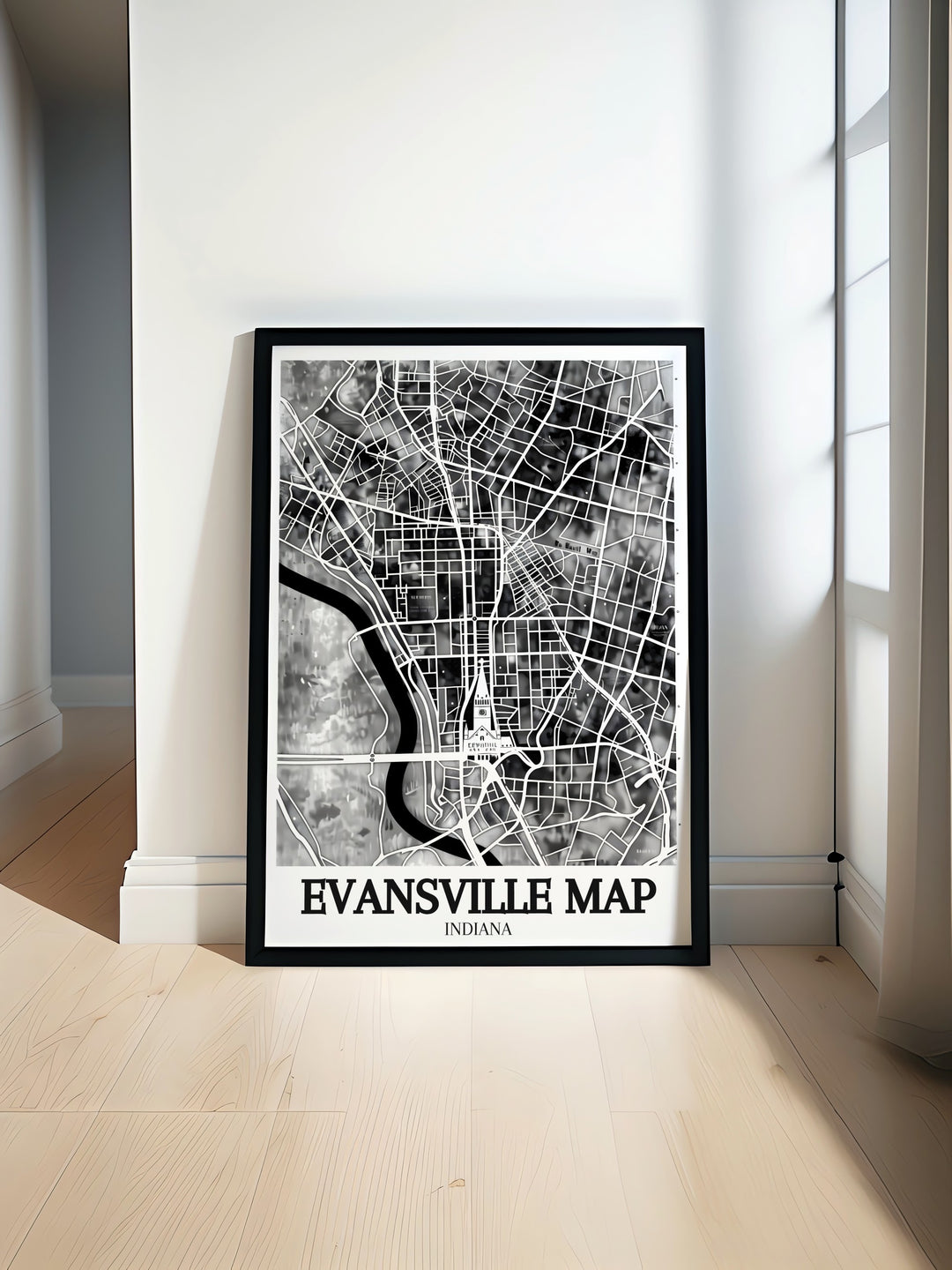 Featuring Evansvilles iconic city map and its connection to the Ohio River, this framed art piece celebrates both the natural and urban beauty of the city. Perfect for home décor, this artwork captures the essence of Evansvilles unique landscape.