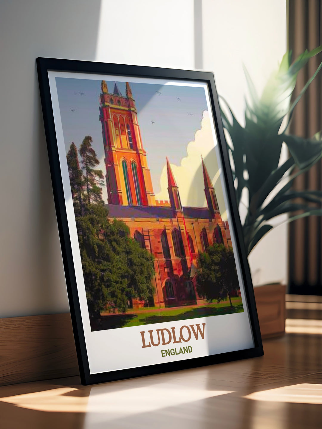 Celebrate the beauty of Ludlow with this detailed travel print of St Laurences Church. Ideal for anyone who admires English history, this artwork adds a timeless touch of Englands architectural heritage to your home.