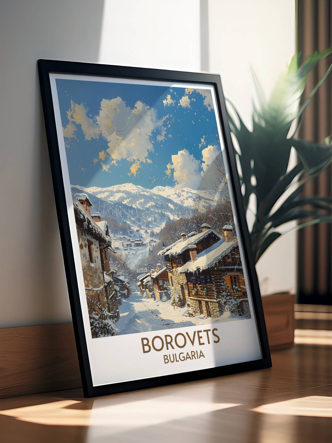 Retro style skiing poster featuring Borovets Bulgaria winter scene with ski lifts and mountain views ideal for skiing artwork collectors