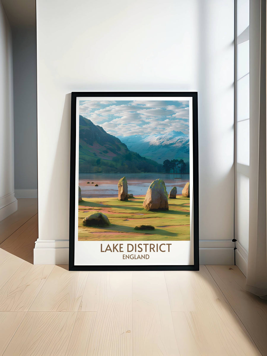 Captivating art piece showcasing the breathtaking beauty of Castlerigg Stone Circle in the Lake District. This vintage print captures the essence of North West Englands historical landmark, making it a perfect addition to any Lake District decor collection.