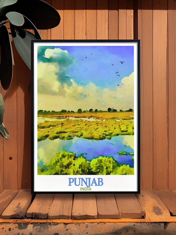 This detailed print of Harike Wetland and Bird Sanctuary in Punjab is perfect for nature lovers. The artwork highlights the lush wetlands and the diverse bird species that make this sanctuary a paradise for wildlife enthusiasts. Ideal for home or office decor, it adds a peaceful and natural element to any space.