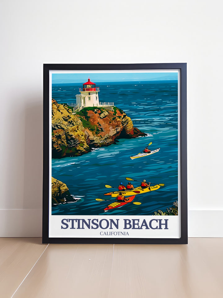 Our travel poster of Stinson Beach, Point Reyes Lighthouse, and Point Reyes National Seashore celebrates the beauty of the Pacific Ocean and Californias coastal treasures. The illustrations fine details and vibrant colors make it perfect for home living decor or ocean art enthusiasts.