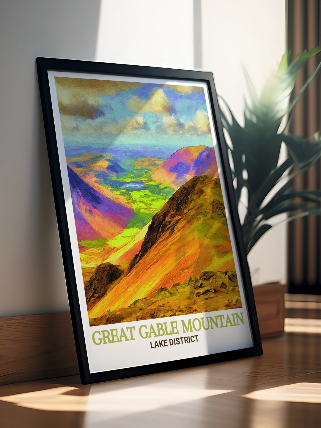 This Great Gable poster print showcases the breathtaking beauty of one of the most iconic mountains in the Lake District. The artwork highlights the rugged terrain and awe inspiring vistas that make Great Gable a beloved destination for hikers and nature lovers. With detailed textures and vivid colors, this print brings the stunning natural beauty of the Lake District right into your home.