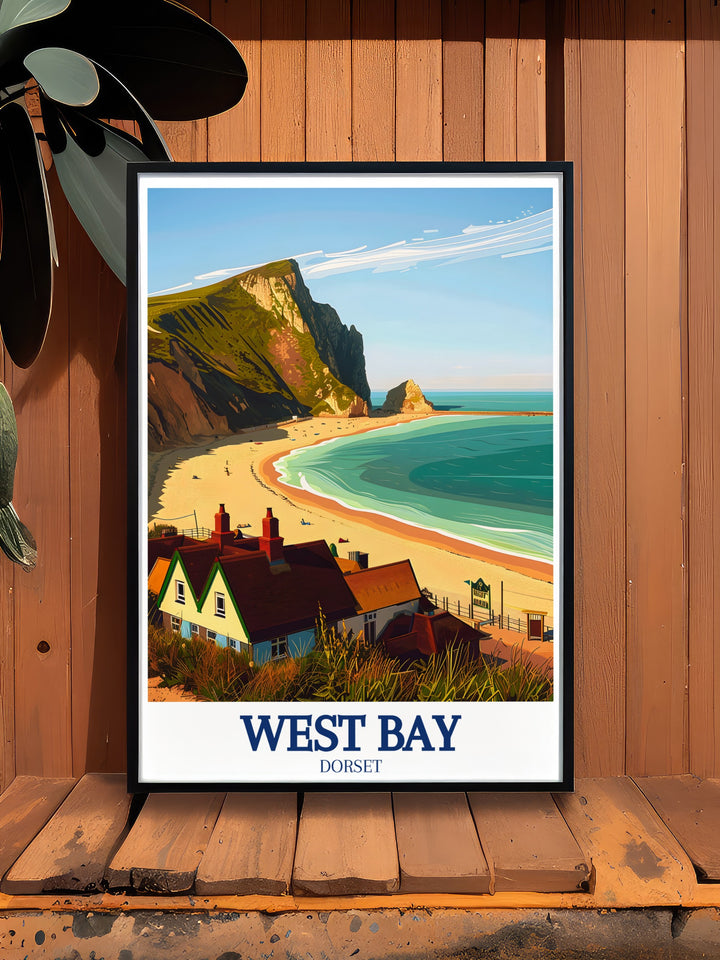 West Bay vintage poster captures the timeless beauty of the Jurassic Coast. With its detailed depiction of the cliffs and the calm waters, this artwork offers a nostalgic view of Englands coastline, perfect for those who love classic travel art and coastal décor.