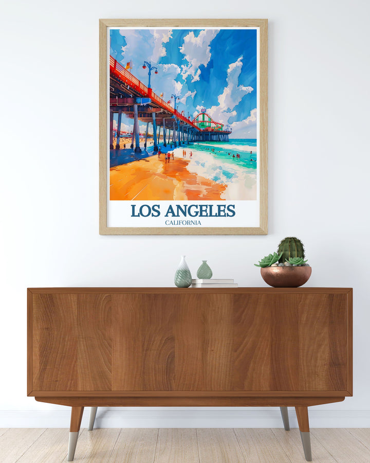 Enhance your living space with this Santa Monica Pier Oceanfront Amusement Park travel print an excellent gift for art lovers and travel enthusiasts capturing the vibrant energy of Los Angeles in a high quality artwork