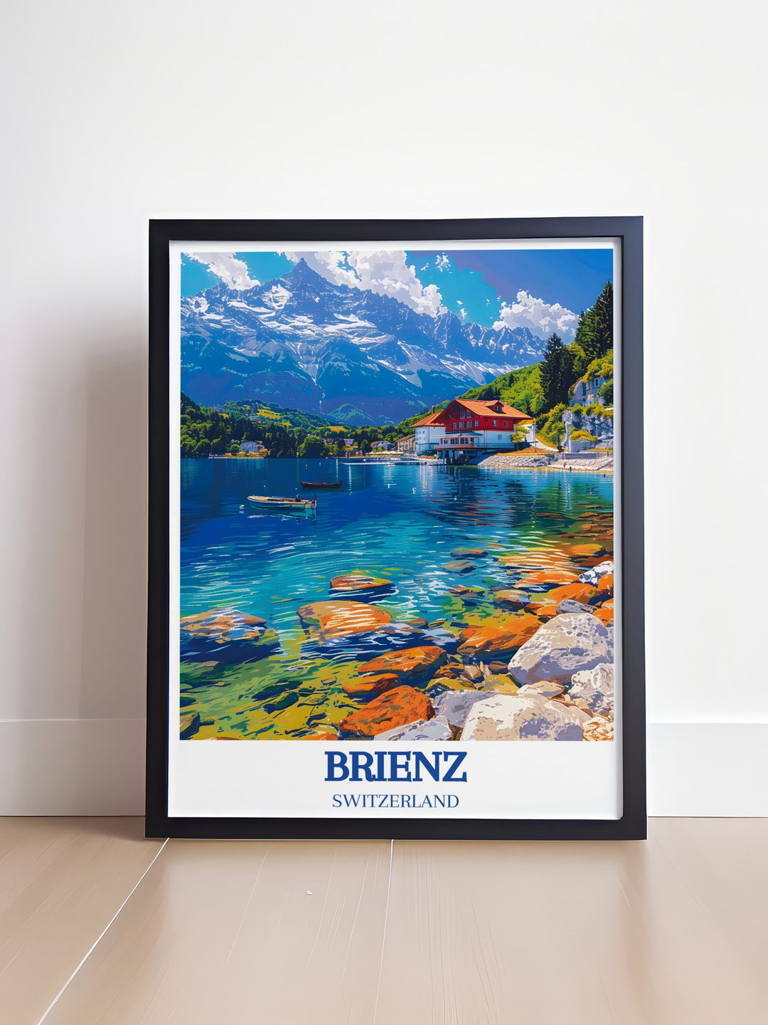 Vintage travel print of Lake Brienz, Brienzer Rothorn with a beautiful Swiss Alps background. Retro travel poster capturing the essence of Switzerlands scenic beauty. Great for framing and displaying.