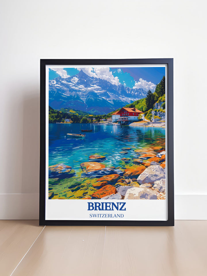 Vintage travel print of Lake Brienz, Brienzer Rothorn with a beautiful Swiss Alps background. Retro travel poster capturing the essence of Switzerlands scenic beauty. Great for framing and displaying.