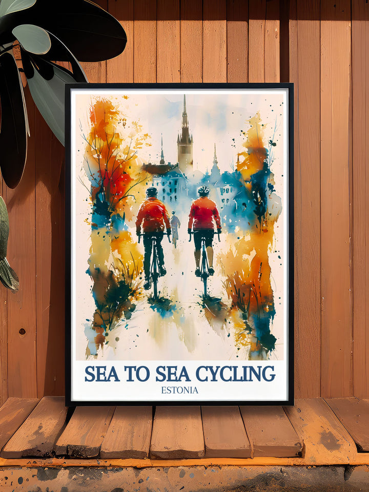 The Sea to Sea Cycling Poster showcases the iconic C2C route in the UK and the timeless beauty of Tallinns Old Town. This print is perfect for cyclists who love to travel and explore new places.