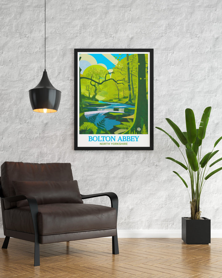 Bolton Priory Ruins poster showcasing the stunning architecture of Bolton Abbey set within the lush greenery of the Yorkshire Dales an ideal choice for nature lovers and those who appreciate the timeless charm of North Yorkshire art.