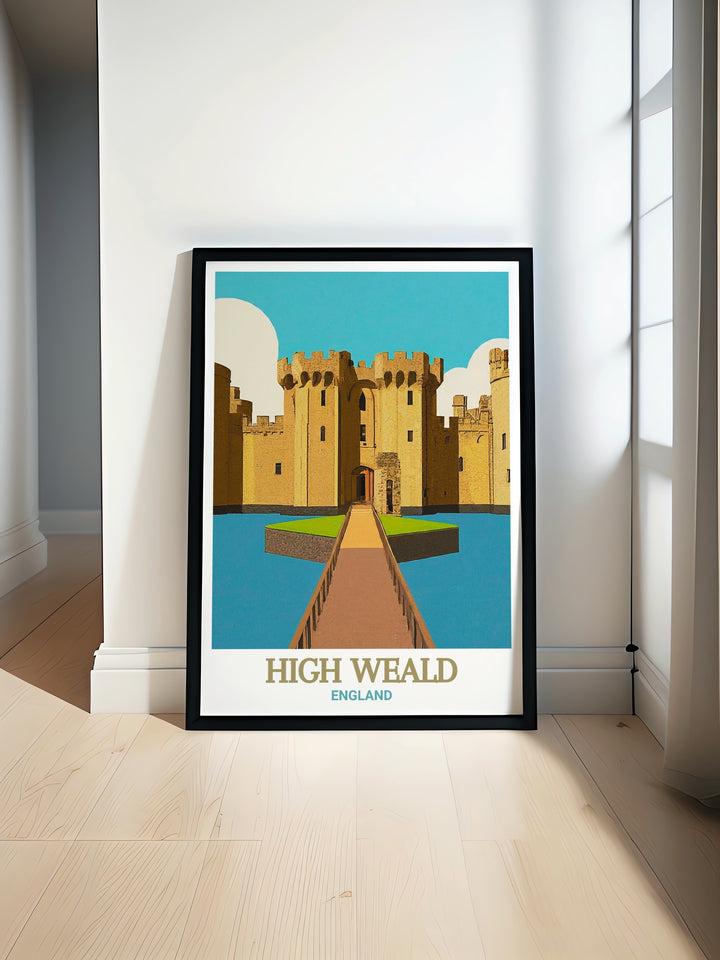 High Weald AONB digital print showcasing the beauty of the British countryside with Bodiam Castle in the background perfect for adding a touch of vintage charm to your living room decor ideal for collectors of national park posters and retro artwork.