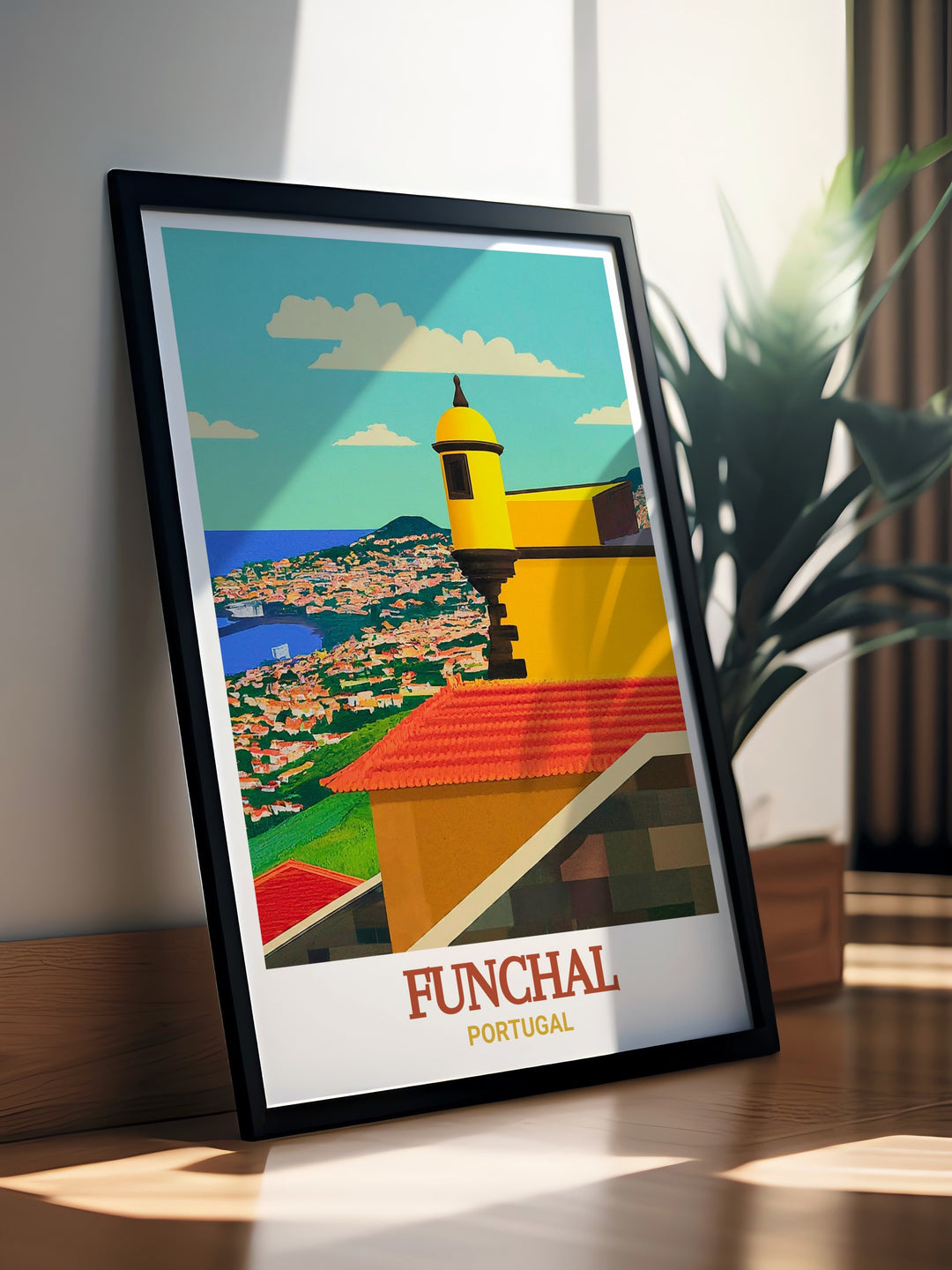 Portugal travel poster featuring the São Tiago Fortress, a symbol of strength and resilience in Funchal. The detailed artwork and bold colors make this a perfect piece for those who appreciate history and architecture, offering a visual journey to Portugals past.