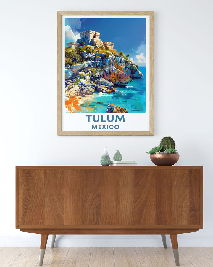 Showcasing both Mexico City and Tulum, this travel poster captures the unique blend of lively city life and tranquil coastal ruins, perfect for enhancing your living space with Mexican charm.