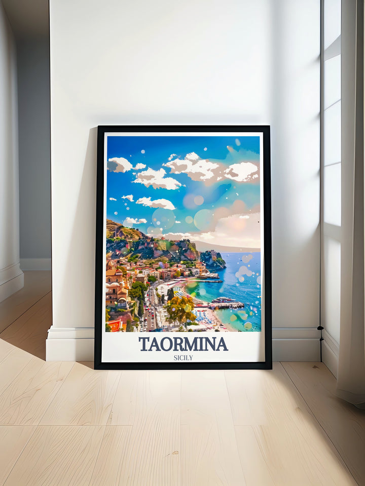 Italy wall art featuring Taormina Beach and Isola Bella. This print showcases the serene beauty of Taorminas coastline and the picturesque Isola Bella.