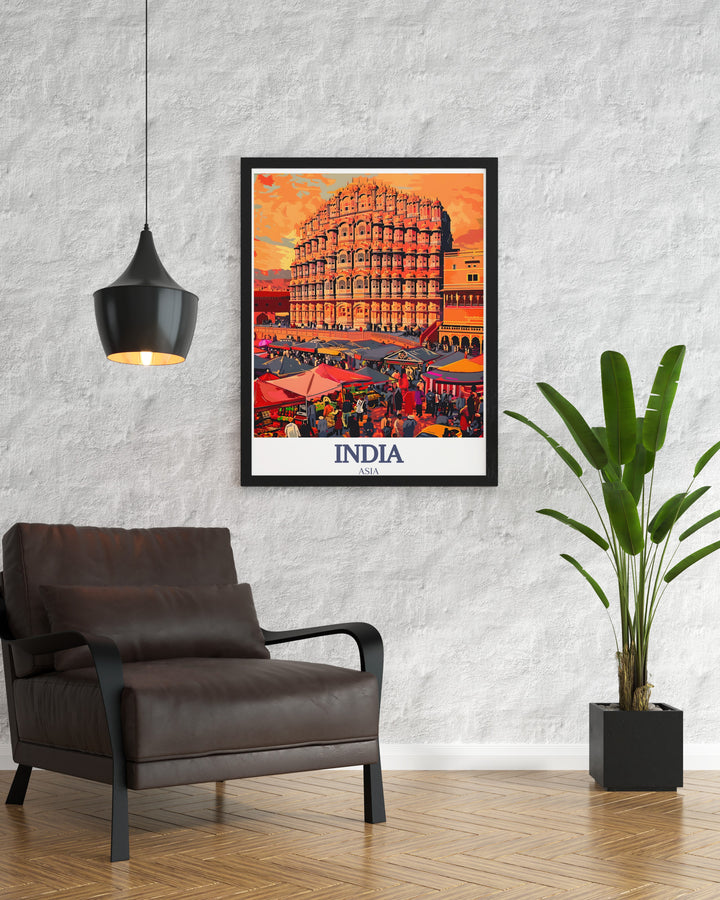 A beautiful travel print of the Taj Mahal and Hawa Mahal, two of Indias most beloved landmarks. This vintage travel poster adds a touch of elegance and culture to any space, making it a perfect gift for travelers or history lovers.