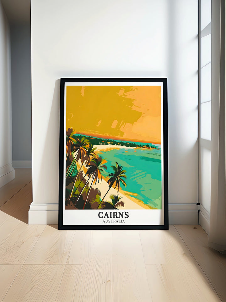 Cairns Art Print featuring the stunning landscapes of Queensland. Perfect addition to your home decor or as a thoughtful gift for travelers. This Australia Wall Art brings the vibrant beauty of Australia into your living space creating a serene atmosphere