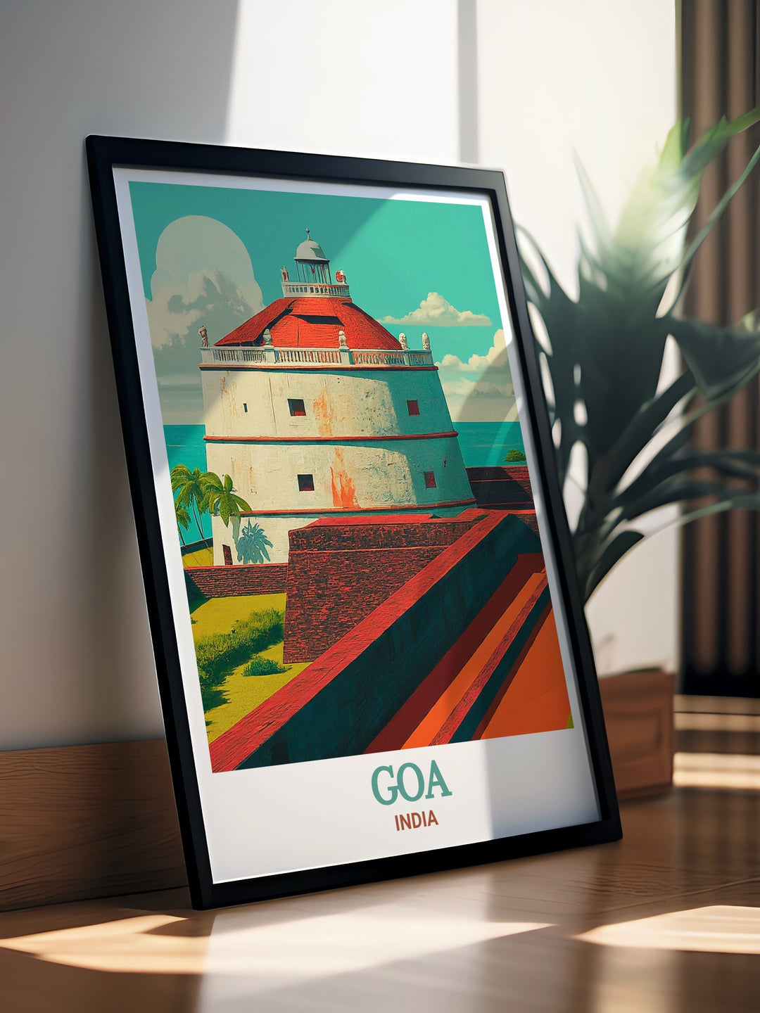 Goa travel poster featuring the historic Fort Aguada, a symbol of Portuguese colonial power in India. This artwork captures the forts imposing walls and stunning views of the Arabian Sea, bringing the rich history and architectural beauty of Goa into your home, perfect for history enthusiasts.