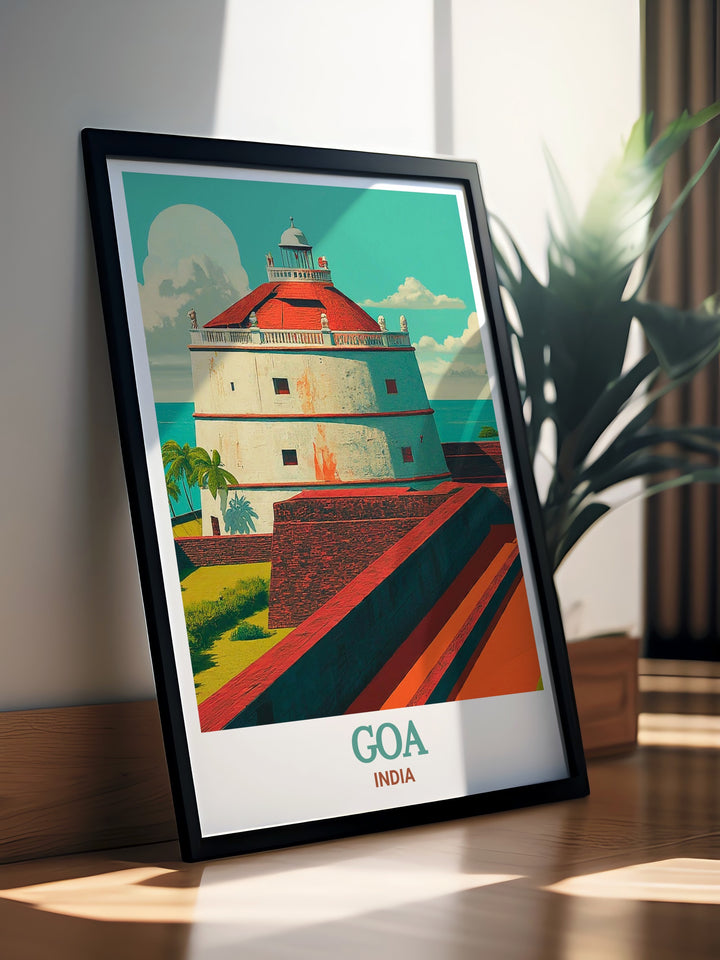 Goa travel poster featuring the historic Fort Aguada, a symbol of Portuguese colonial power in India. This artwork captures the forts imposing walls and stunning views of the Arabian Sea, bringing the rich history and architectural beauty of Goa into your home, perfect for history enthusiasts.