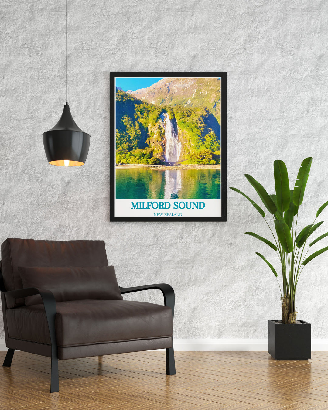 Framed print of Bowen Falls in Milford Sound, emphasizing the stunning waterfall and the lush green environment of Fiordland National Park. A wonderful choice for nature enthusiasts.