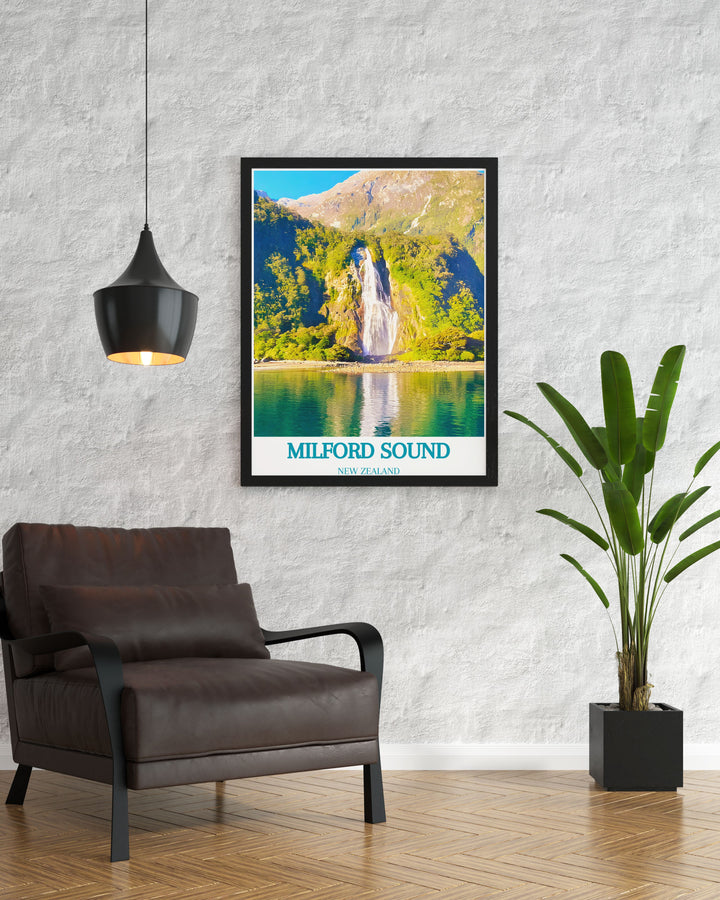 Framed print of Bowen Falls in Milford Sound, emphasizing the stunning waterfall and the lush green environment of Fiordland National Park. A wonderful choice for nature enthusiasts.