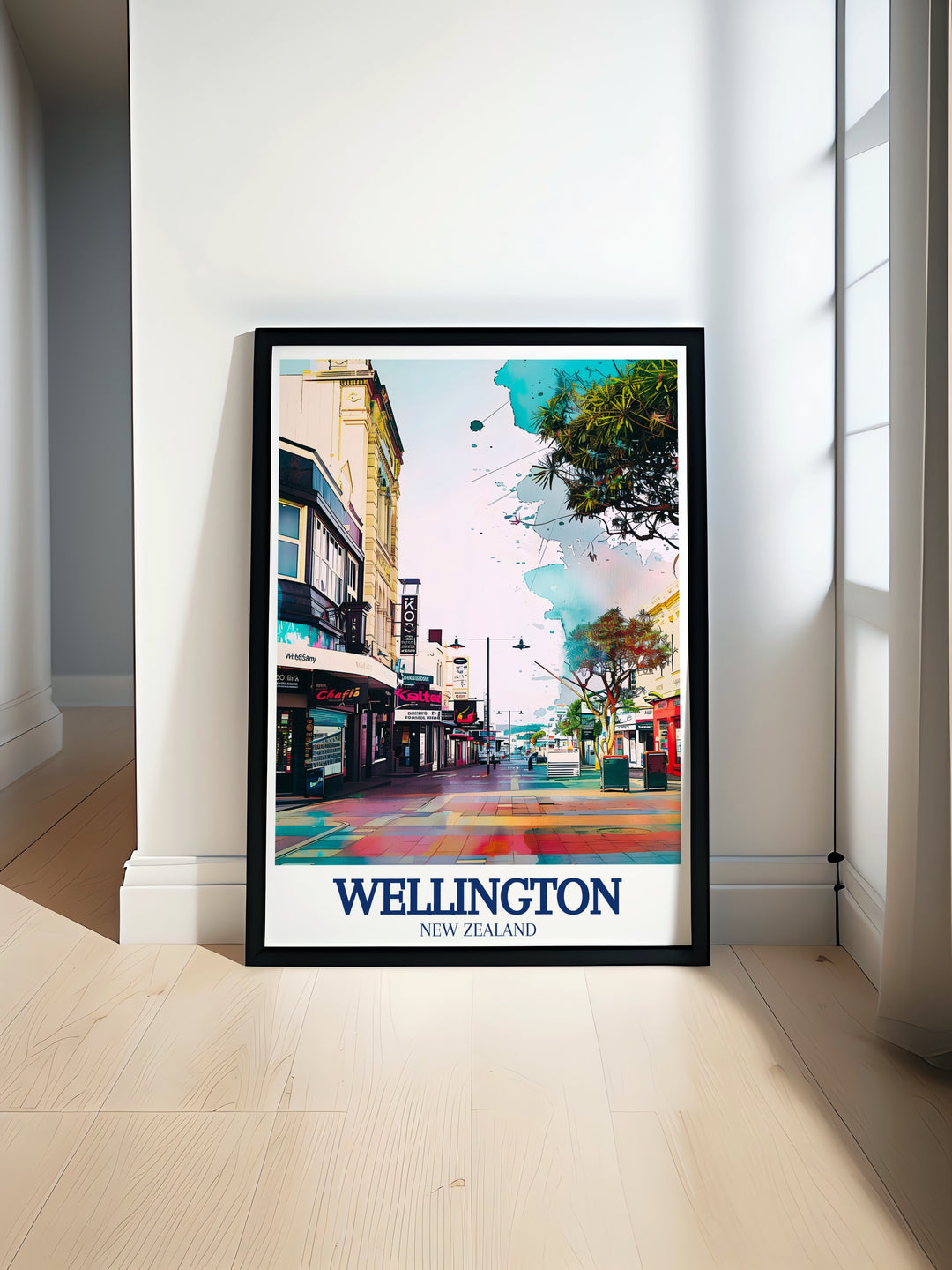 Wellington travel poster brings the energy of Cuba Street to life with a vibrant portrayal of one of the citys most beloved areas. This artwork is perfect for art lovers and travel enthusiasts, offering a lively and colorful piece that celebrates the heart of Wellington.