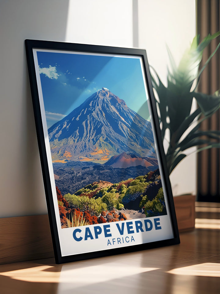 This canvas art of Cape Verde showcases the beauty of the islands, highlighting Poco do Fogos volcanic peak and Sao Vicentes coast. Perfect for adding a touch of African adventure to any space, this travel print is a stunning representation of the regions natural wonders.