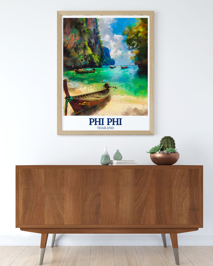 This stunning Thailand art print showcases the picturesque Maya Bay and the majestic cliffs of Phi Phi Ley. Ideal for beach lovers and travelers, this poster is perfect for bringing a touch of tropical beauty into your home.