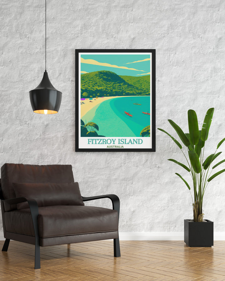 Welcome Bay canvas art captures the essence of Fitzroy Islands serene beauty, from its vibrant green rainforests to the calm waters of the bay. This travel print is perfect for adding a touch of natures tranquility to your space.