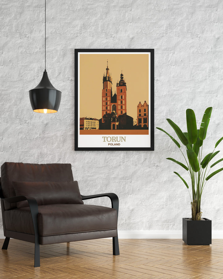 An exquisite print featuring the historic city of Torun, Poland, with a focus on the stunning Gothic architecture of St. Marys Church. This artwork captures the intricate details and grandeur of the church, reflecting Polands rich cultural heritage. Perfect for adding a touch of European elegance to your home, this print is ideal for history and architecture enthusiasts.