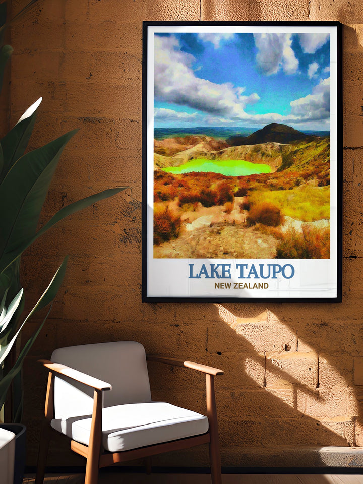 Tongariro National Park Wall Print illustrating the diverse and dramatic landscapes of New Zealands Tongariro National Park, where towering volcanoes and serene lakes create a captivating and inspiring scene. This wall print is perfect for adding a touch of New Zealands wild beauty to your home.