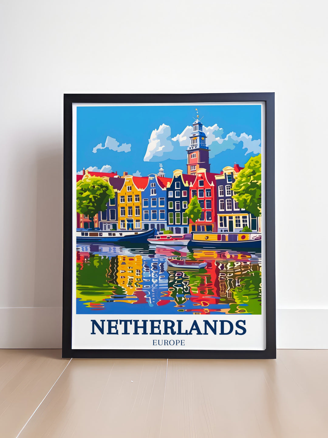 This framed print of Amsterdam Canal Westerkerk captures the essence of the Netherlands with its serene landscapes windmills and tulip fields an elegant addition to your living room decor and a wonderful gift for those who love Amsterdam