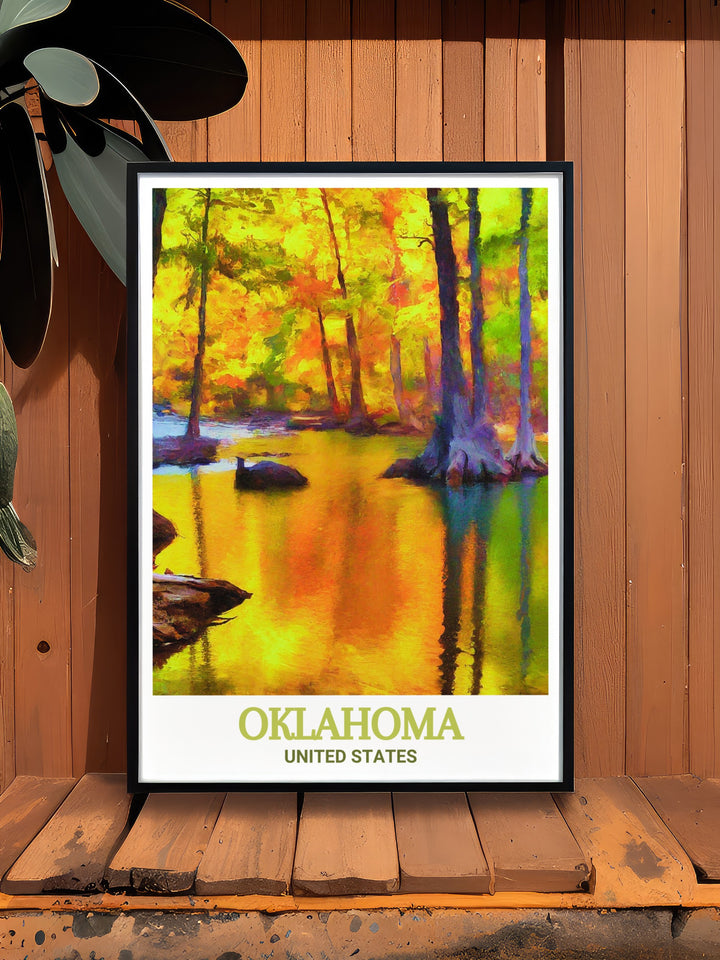 Black and white Oklahoma travel print featuring a city map and Beavers Bend State Park. Fine line art that adds sophistication to any room. Perfect for nature lovers and art enthusiasts looking for modern decor or gift ideas for birthdays or anniversaries.