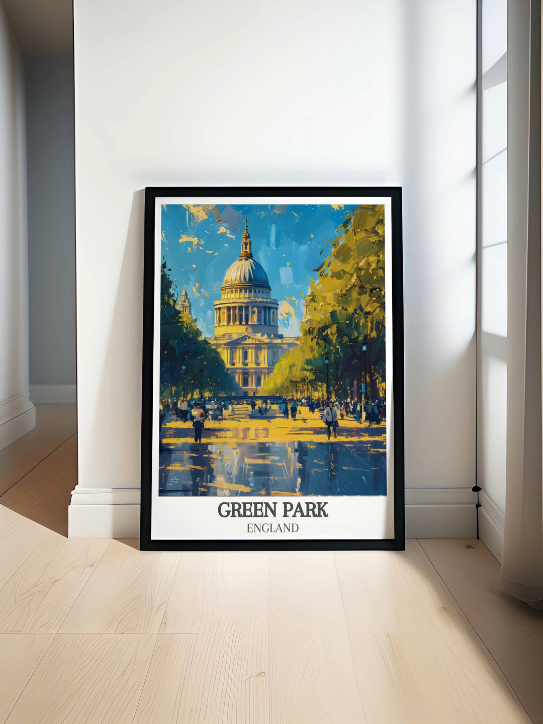 Green Park London poster featuring a serene landscape with Buckingham Palace in the background and Constitution Hill running alongside the park perfect for London wall art and travel enthusiasts seeking unique and elegant prints for home decor.