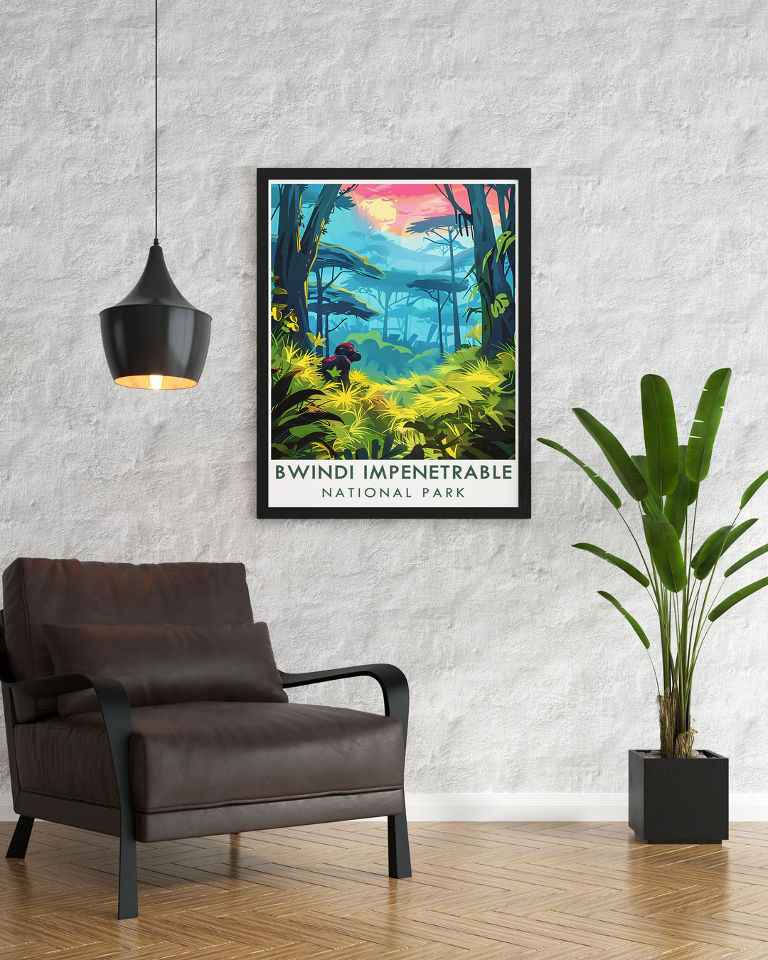Bwindis lush forest and the iconic mountain gorillas are beautifully captured in this art print, making it a versatile piece for any home decor.