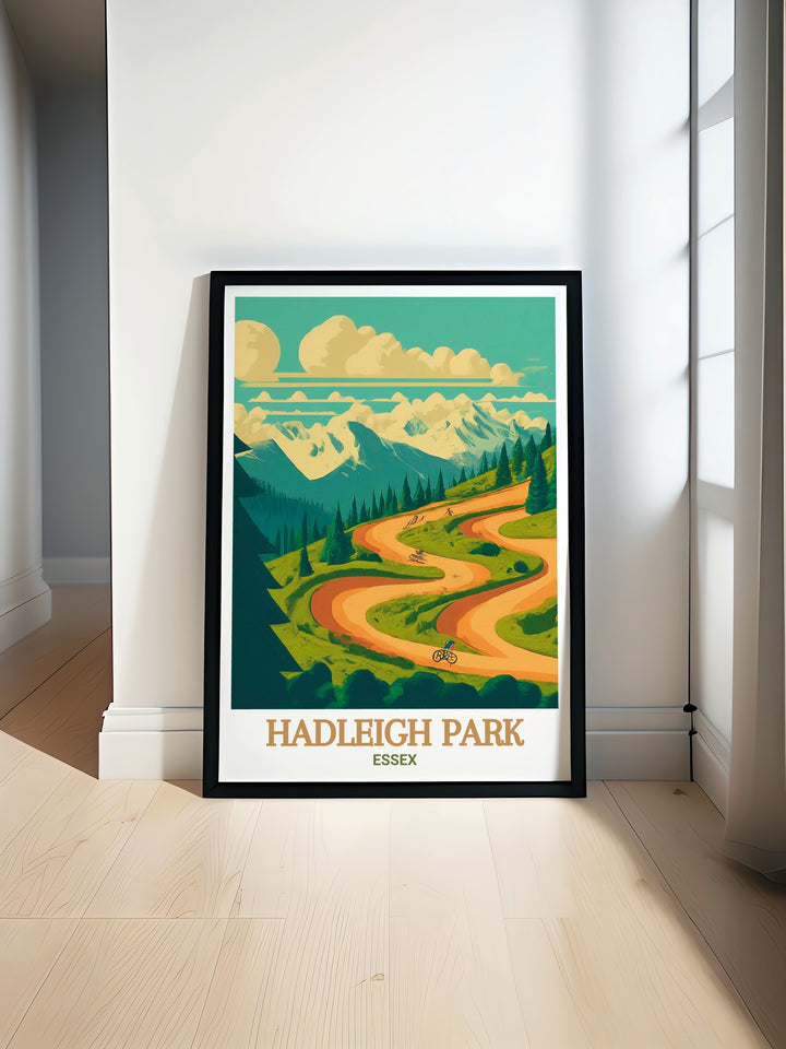 Olympic Mountain Bike Course wall art with mountain biking trails at Hadleigh Park in Essex. Perfect for home decor and unique gifts. The fine line prints and vibrant colors highlight the charm and adventure of this iconic destination.