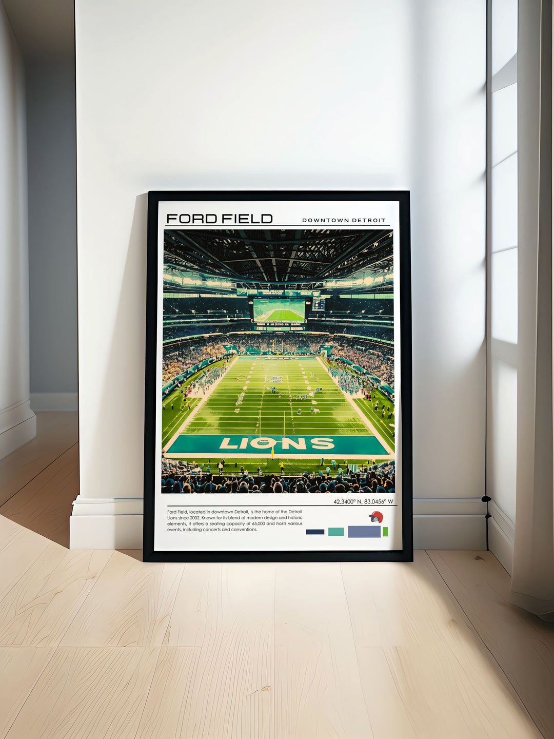 Stunning Ford Field art print showcasing the vibrant spirit of Detroit and the Lions football stadium perfect for adding energy to your home or office decor and ideal as a gift for any Lions fan