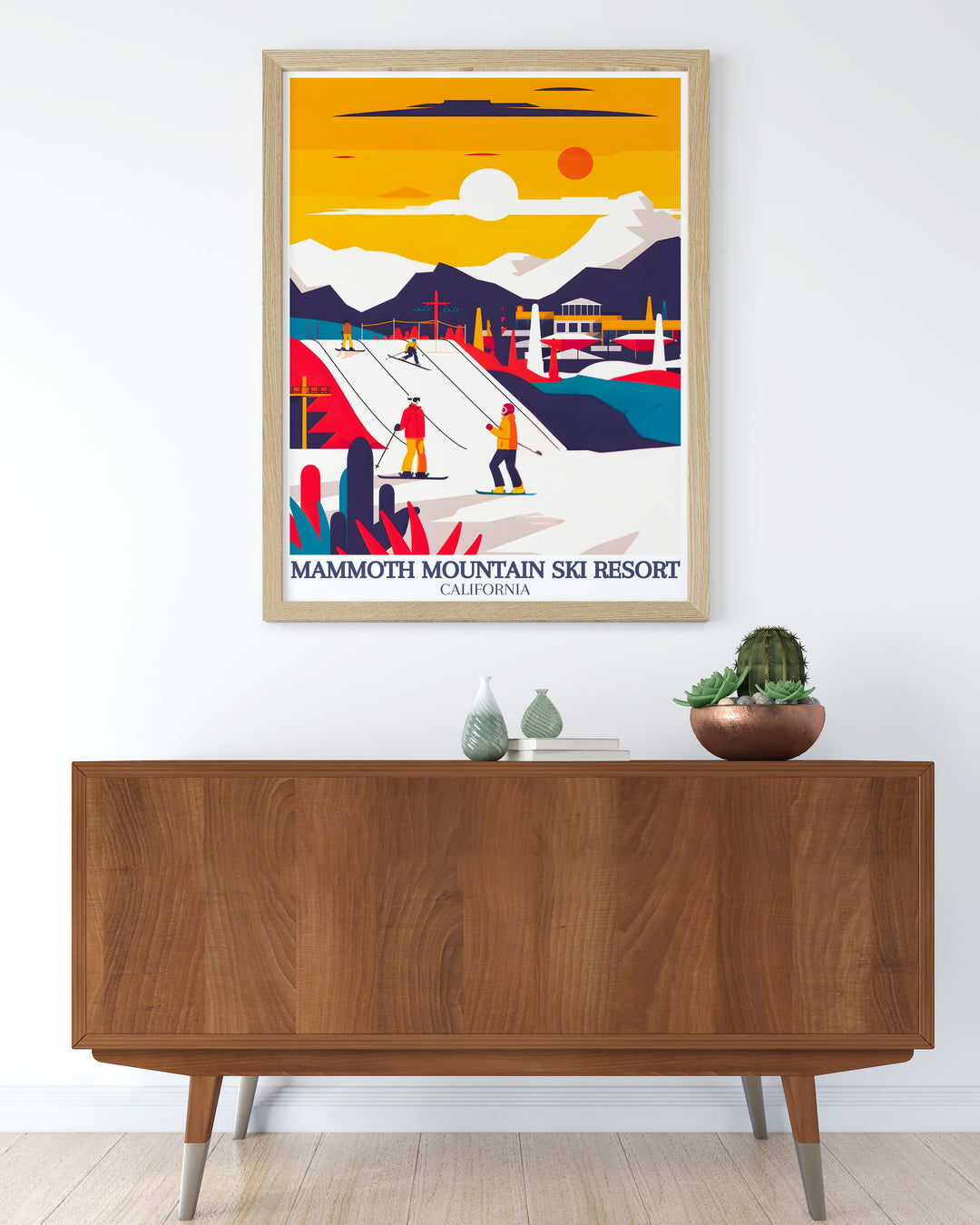 Experience the energy of Mammoth Mountain with this unique ski resort poster. Featuring the halfpipe and après ski moments, this travel print is perfect for bringing the excitement of skiing and snowboarding to your home. A must have for outdoor enthusiasts and winter sports lovers.